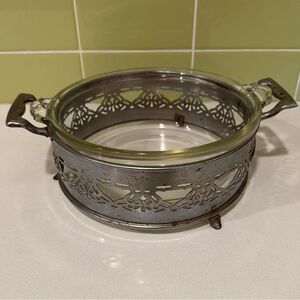 Vintage Pyrex Glass Dish with Ornate Metal Holder & Lid Mid-Century Serve Ware